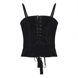 Black Lace-Up Suede Corset Tank Top